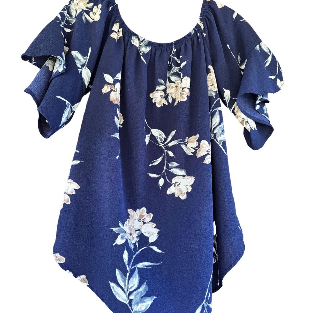 Vine & Love Womens boho Floral Bell Sleeve Blouse‎ S 100% Polyester Navy & Beige